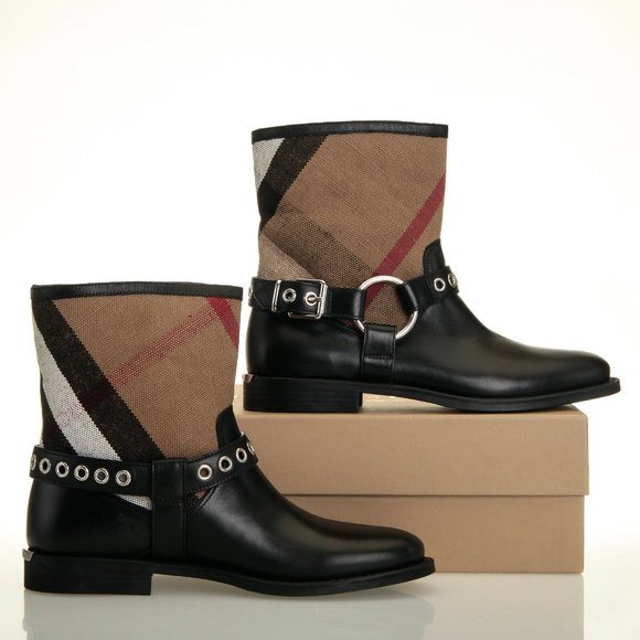Burberry Queenstead Black Check Leather Bootie Boots - Size 5.5 US (35.5 EU) - Picture 3 of 6